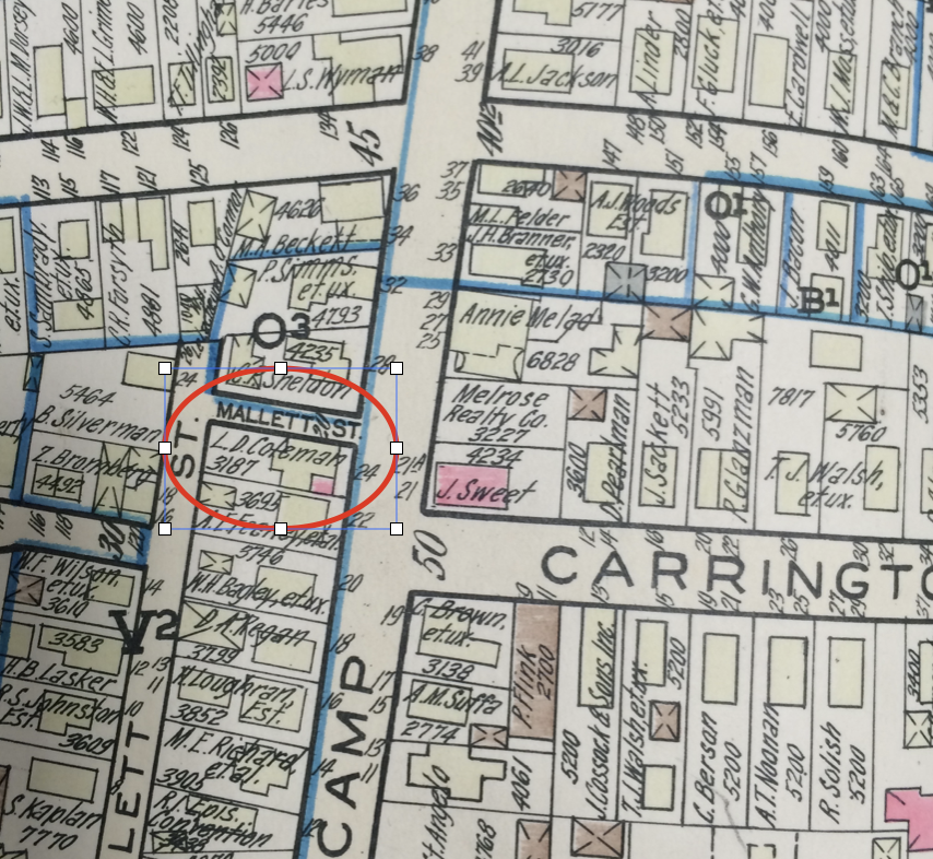 24 Camp St., as depicted on the 1937 Hopkins map. The building was home to both the W.W. Joyce Tourist Home and the Retlaw House Tourist Home.