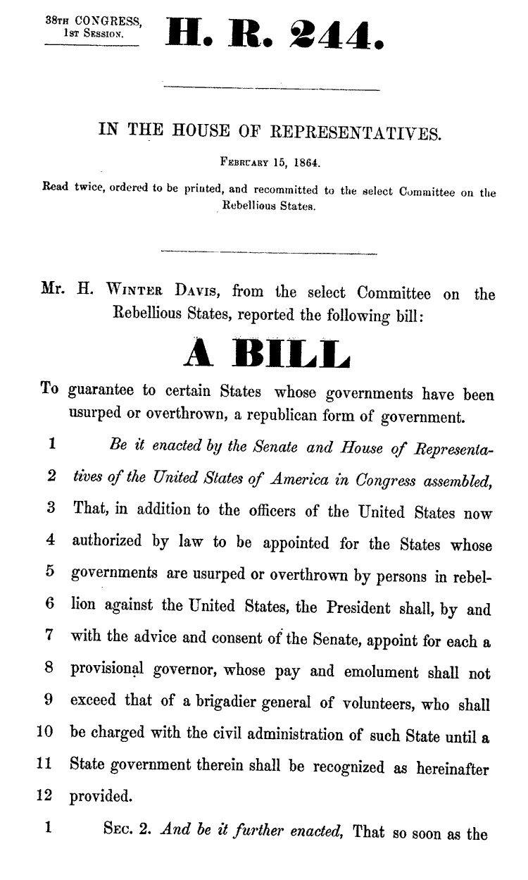 U.S. Senate: Wade Davis Bill (1864)