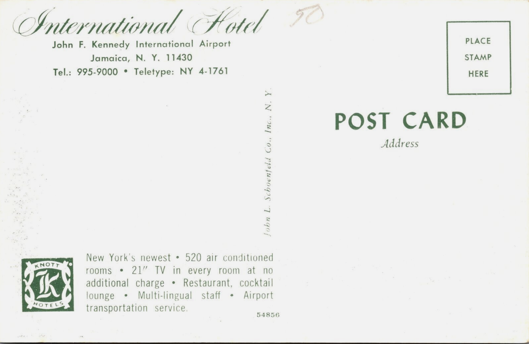 7036 - International Hotel, Back of Postcard