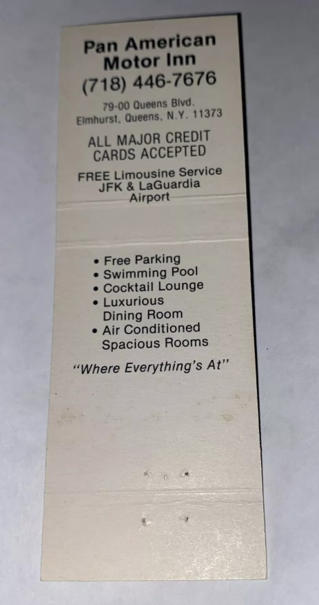 Backside of matchbook advertising the Pan American Motor Inn, date unknown.