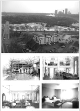 Black and white photos of hotel exterior and interior
