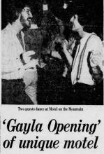 Newspaper clipping with headline "Gayla Opening of unique motel"
