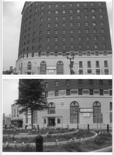 Two black and white images of hotel exterior
