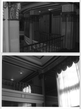 Two black and white images of hotel interior