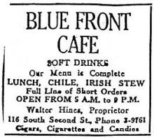 1952 advertisement for Blue Front Cafe