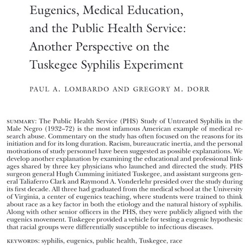 Eugenics, Medical Education, and the Public Health Service: Another Perspective on the Tuskegee Syphilis Experiment