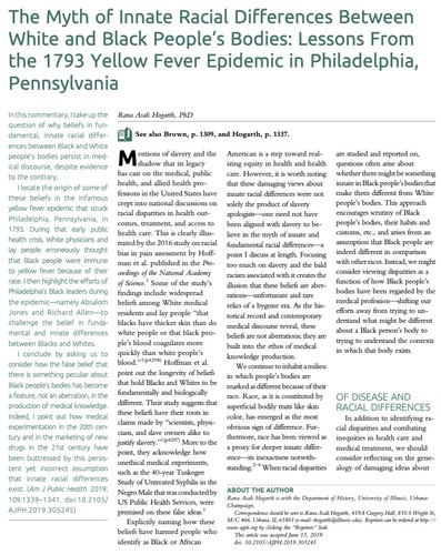 The Myth of Innate Racial Differences Between White and Black People’s Bodies: Lessons From the 1793 Yellow Fever Epidemic in Philadelphia, Pennsylvania