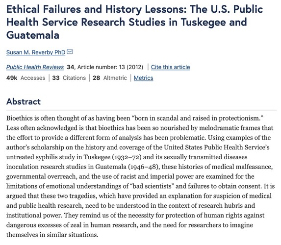Ethical Failures and History Lessons: The U.S. Public Health Service Research Studies in Tuskegee and Guatemala