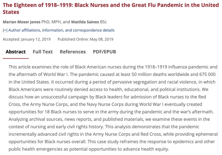 The Eighteen of 1918-1919: Black Nurses and the Great Flu Pandemic in the United States